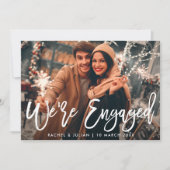 Invitation fête d'engagement photo en écriture blanche rustiq (Devant)