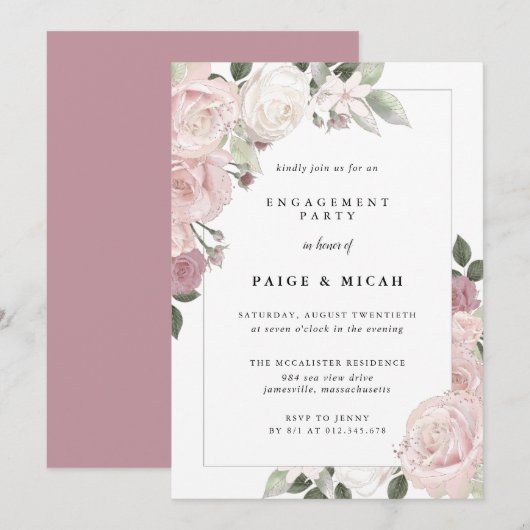 Invitation Fête d'engagement Rose Rose Floral (Devant / Derrière)