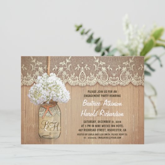 Invitation fête d'engagement rustique mason jar blanc hydrang (Debout devant)
