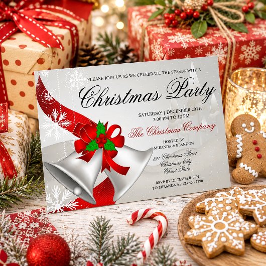 Invitation Fête d'entreprise de Noël Red Loop Silver Bells