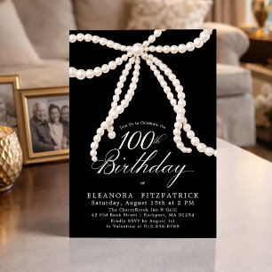 Invitation Fête des 100 ans Anniversaire Noir Blanc Perle Nœu