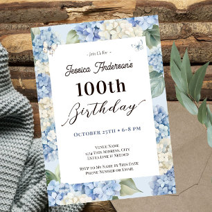 Invitation Fête des 100 ans de Blue Hydrangea pour adultes da