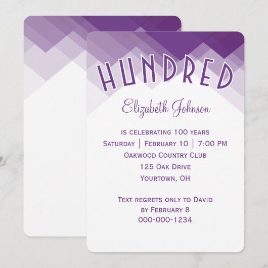 Invitation Fête des 100 ans de naissance Bordure violette et (Devant / Derrière)