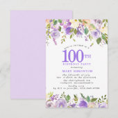 Invitation Fête des 100 ans de PETITE Rose florale violette (Devant / Derrière)