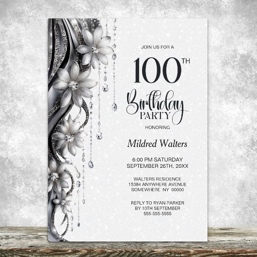 Invitation Fête des 100 ans Fleurs et Diamants