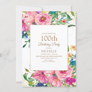 Invitation Fête des 100 ans Fleurs Rose Jaune Paillettes Doré