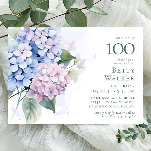 Invitation Fête des 100 ans Hydrangeas Rose Bleu
