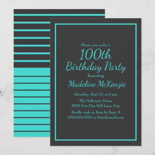 Invitation Fête des 100 ans rayée de turquoise noir (Devant / Derrière)