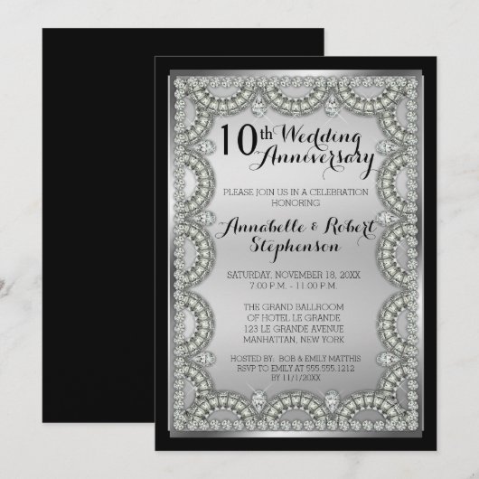 Invitation Fête des 10 ans de mariage Argent et Diamant (Devant / Derrière)