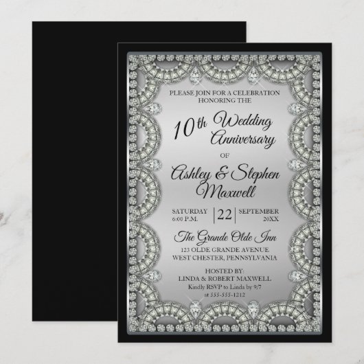Invitation Fête des 10 ans de mariage Argent et Diamant (Devant / Derrière)