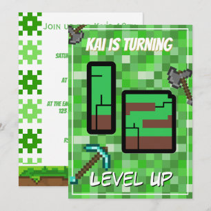 Invitation Fête des 12 ans Pixelated Gamer Green Level Up
