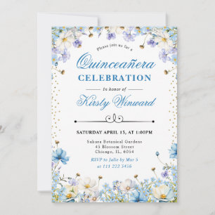 Invitation Fête des 15 ans Bleu Blanc Fleurs Sauvages Ne m'ou