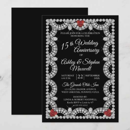 Invitation Fête des 15 ans de mariage de Ruby et Diamond (Devant / Derrière)