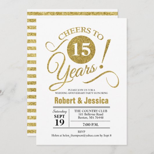 Invitation Fête des 15 ans de mariage - Or Blanc (Devant / Derrière)