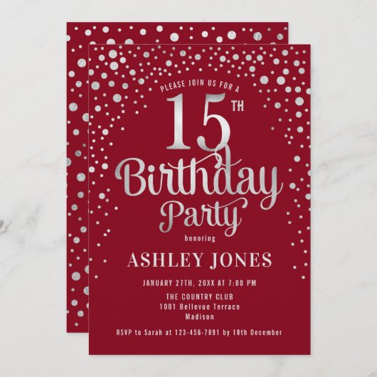 Invitation Fête des 15 ans - Rouge & Argent (Devant / Derrière)