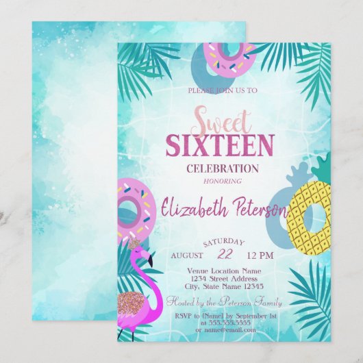 Invitation Fête des 16 ans au Flamingo Summer Pool (Devant / Derrière)