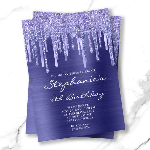 Invitation Fête des 16 ans avec foil Pervenche et Dégoulinade