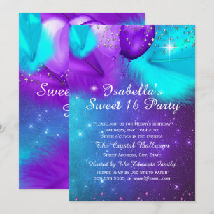 Invitation Fête des 16 ans Ballons sarcelle violet argent