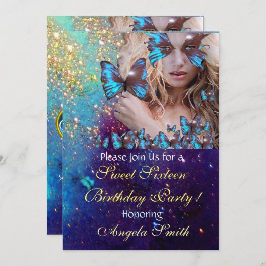 INVITATION FÊTE DES 16 ANS PAPILLON BLEU MONOGRAMME (Devant / Derrière)