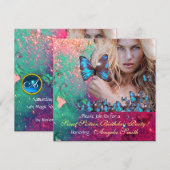 INVITATION FÊTE DES 16 ANS PAPILLON BLEU MONOGRAMME (Devant / Derrière)