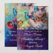INVITATION FÊTE DES 16 ANS PAPILLON BLEU MONOGRAMME, (Devant / Derrière)