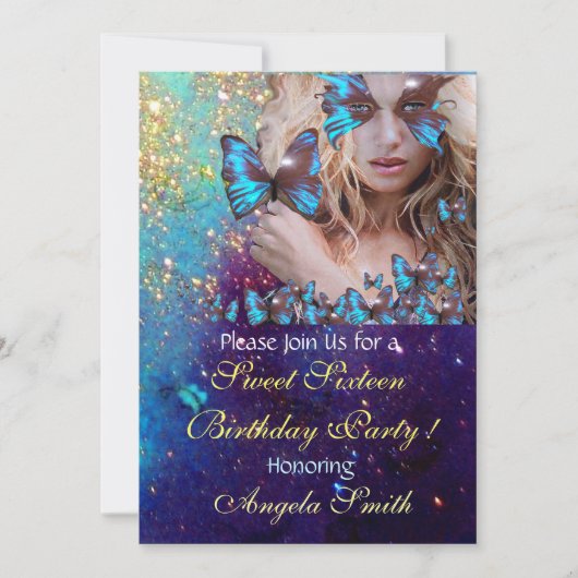Invitation FÊTE DES 16 ANS PAPILLON BLEU MONOGRAMME Argent (Devant)