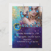 Invitation FÊTE DES 16 ANS PAPILLON BLEU MONOGRAMME Argent (Dos)