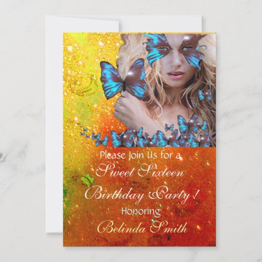 INVITATION FÊTE DES 16 ANS PAPILLON BLEU  MONOGRAMME, OR (Devant)