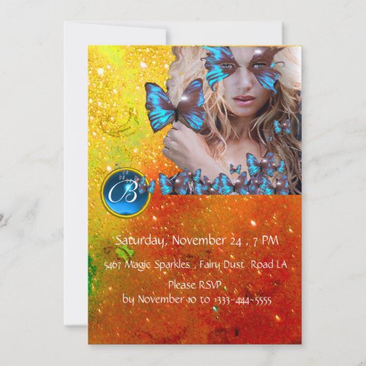 INVITATION FÊTE DES 16 ANS PAPILLON BLEU  MONOGRAMME, OR (Dos)