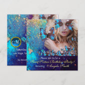 INVITATION FÊTE DES 16 ANS PAPILLON BLEU MONOGRAMME, OR (Devant / Derrière)