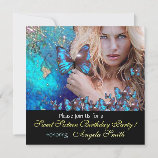 INVITATION FÊTE DES 16 ANS PAPILLON BLEU MONOGRAMME, OR (Devant)