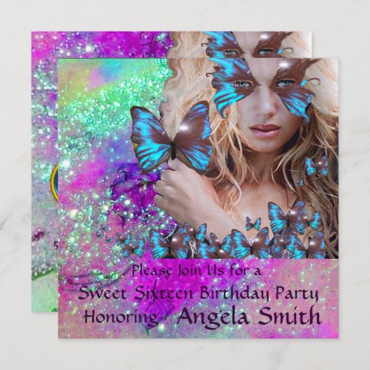 INVITATION FÊTE DES 16 ANS PAPILLON BLEU  MONOGRAMME, OR (Devant / Derrière)