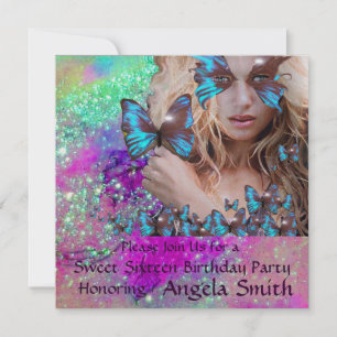INVITATION FÊTE DES 16 ANS PAPILLON BLEU MONOGRAMME, OR