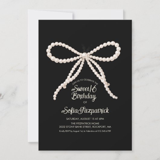 Invitation Fête des 16 ans perle noire et blanche (Devant)
