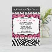 Invitation Fête des 16 ans Rose Léopard Zèbre (Debout devant)