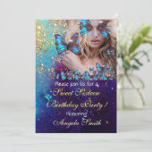 INVITATION FÊTE DES 16 ANS SWEET BLUE BUTTERFLY  MONOGRAMME,  (Debout devant)