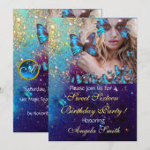 INVITATION FÊTE DES 16 ANS SWEET BLUE BUTTERFLY  MONOGRAMME,  (Devant / Derrière)