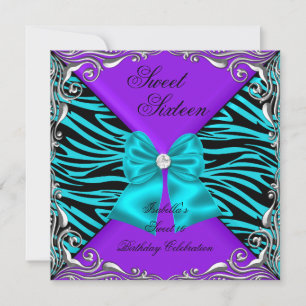 Invitation Fête des 16 ans Zèbre Violet Turquoise Diamant Arc