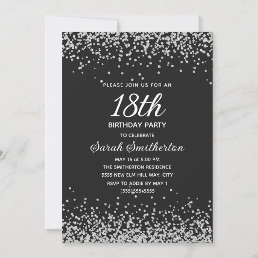 Invitation Fête des 18 ans Black Silver Diamond Glitter (Devant)