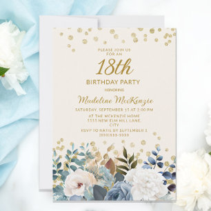 Invitation Fête des 18 ans Bleu Poussiéreux Blanc Floral Or