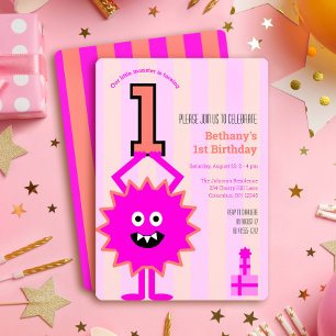 Invitation Fête des 1 an de la petite fille, monstre mignon e
