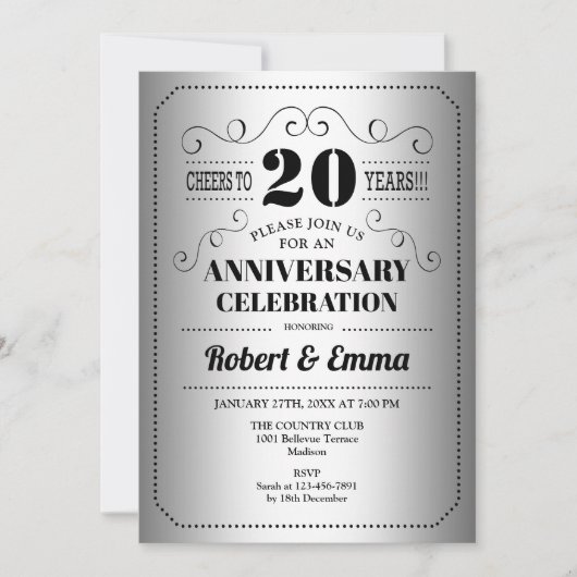 Invitation Fête des 20 ans de mariage - Argent Noir (Devant)