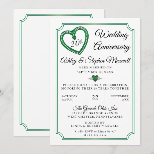Invitation Fête des 20 ans de mariage d'Emerald Diamonds (Devant / Derrière)
