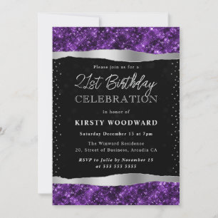 Invitation Fête des 21 ans avec paillettes violettes et noire