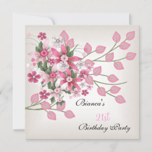 Invitation Fête des 21 ans Fleurs roses élégantes