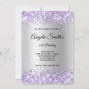 Invitation Fête des 21 ans pailletée satin argenté lavande