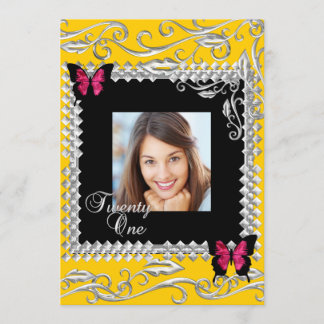 Invitation Fête des 21 ans Papillons roses et noirs