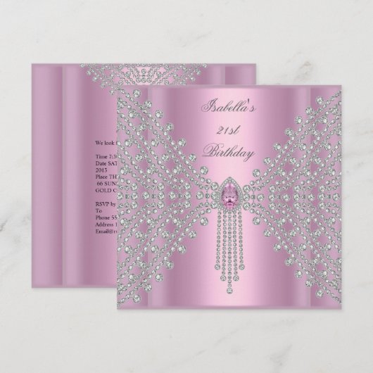 Invitation Fête des 21 ans Rose Argent Blanc Diamant (Devant / Derrière)