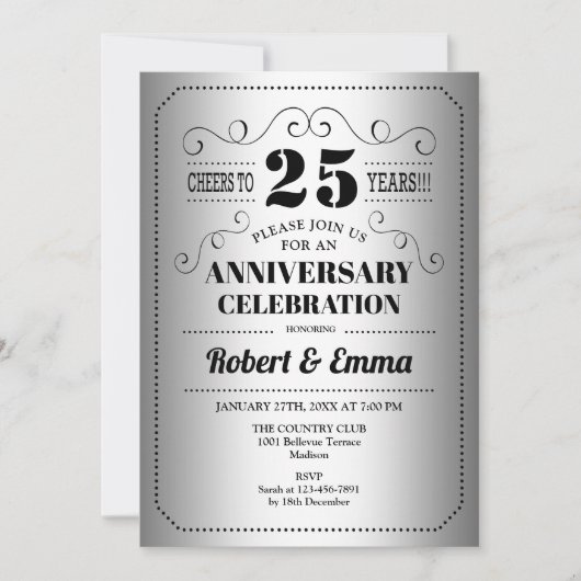 Invitation Fête des 25 ans de mariage - Argent Noir (Devant)