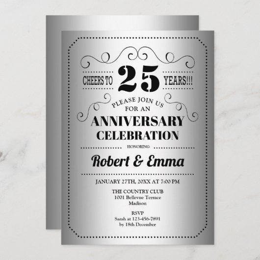 Invitation Fête des 25 ans de mariage - Argent Noir (Devant / Derrière)